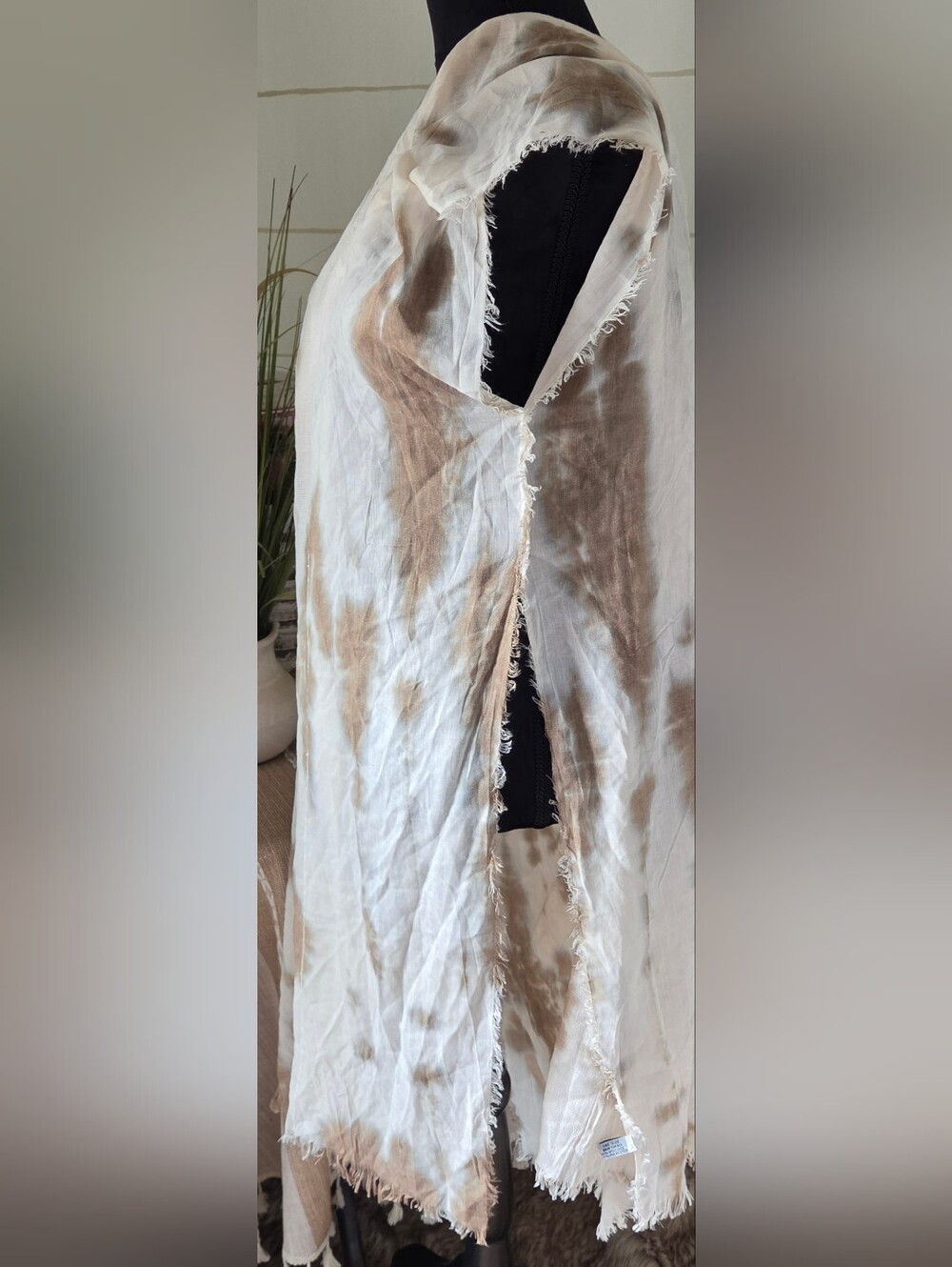 Neutral Tie Dye Fringed Kimono Wrap Poncho Duster One Size OS Boho Western Glam